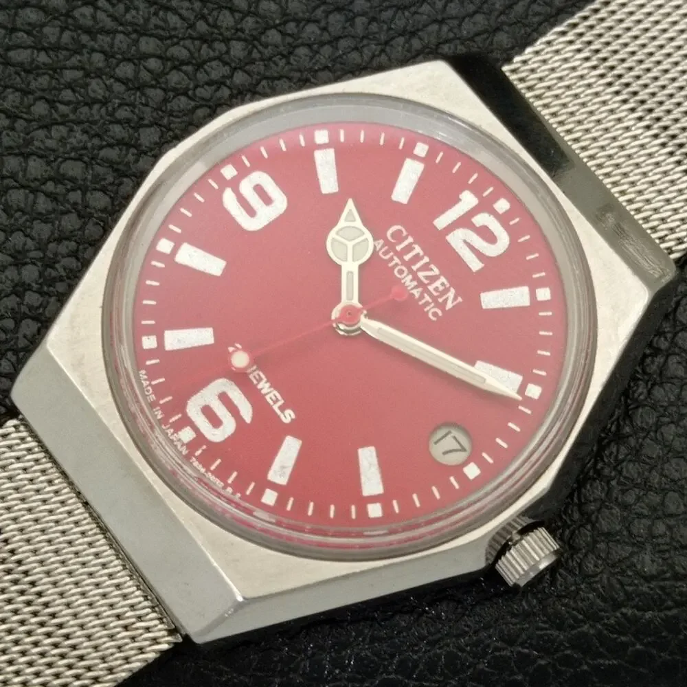 Vintage 1982 Citizen Automatic Mens Silver Watch W/daydate & Red accents
